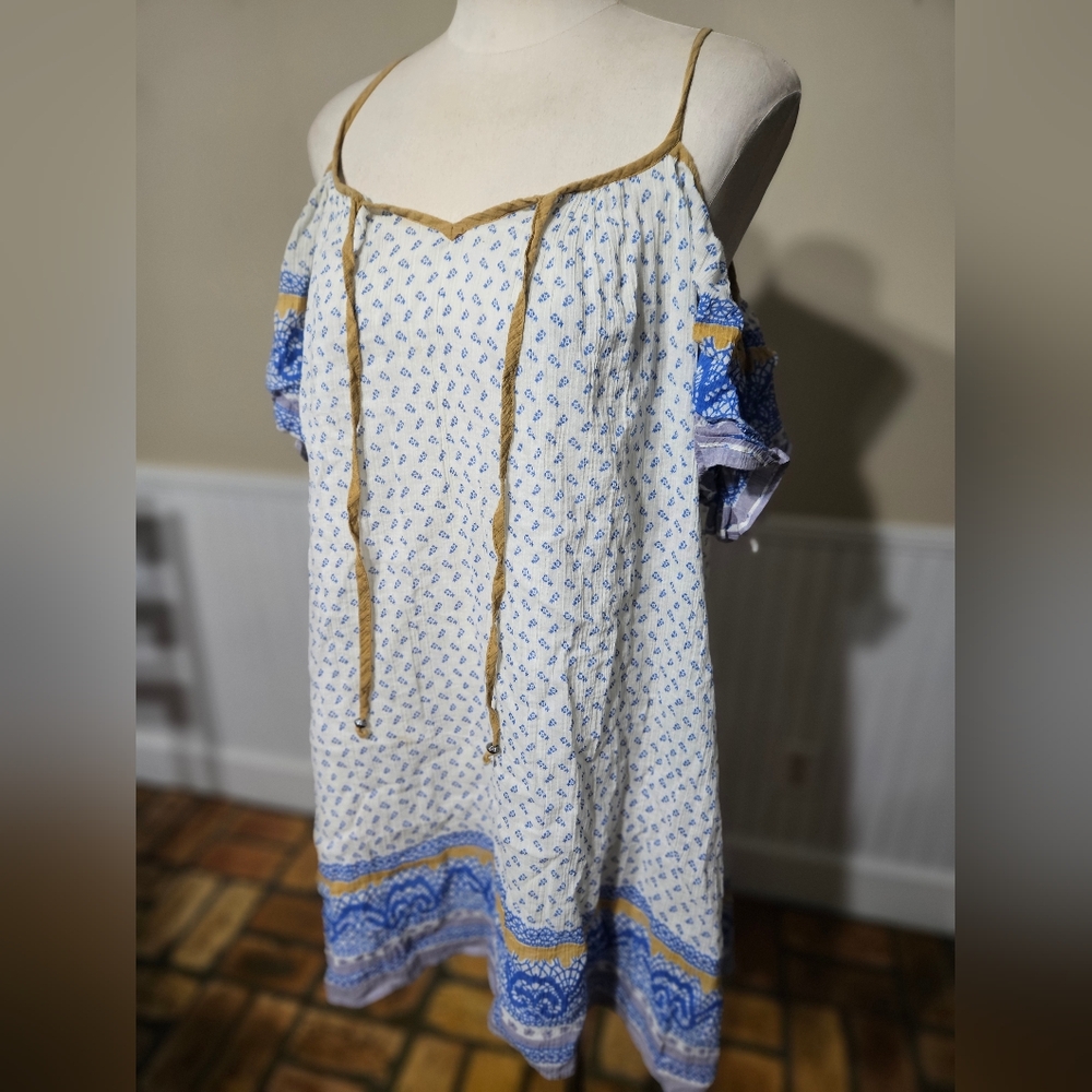 Free People White and Blue Printed Cold-Shoulder Sundress